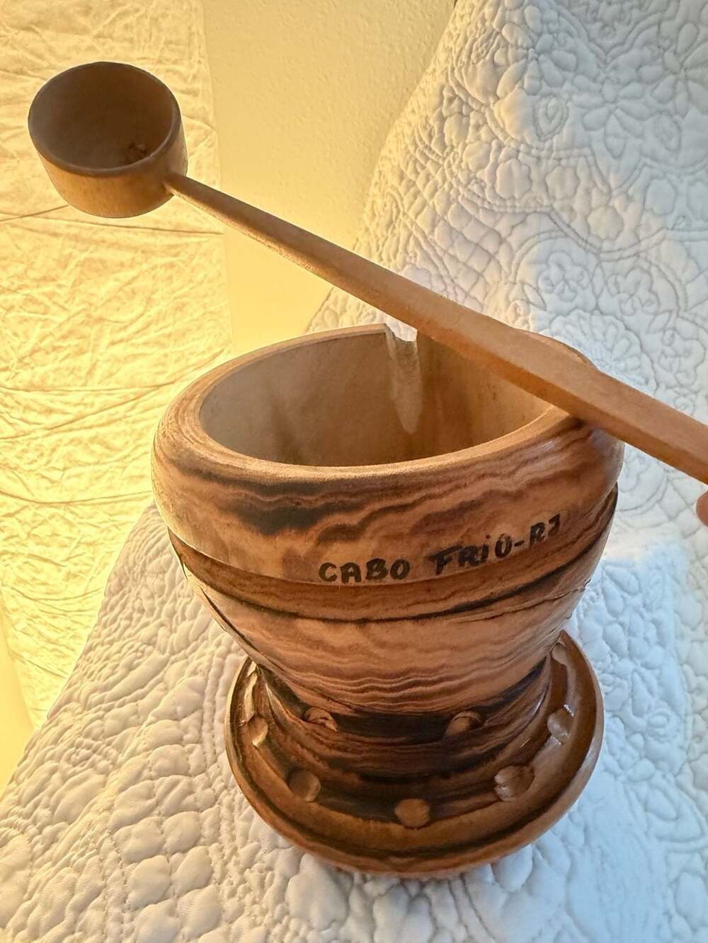 Handmade Carved Wood Pedestal Bowl Cabo Frio-RJ with Ladle - Picture 6 of 6